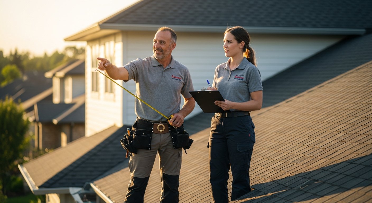 About Petrush Building - two tradesmen in workwear discussing a recently completed roofing project on a British terraced house
