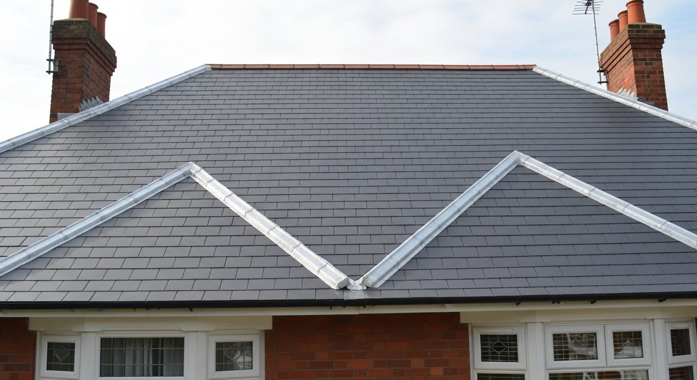 Freshly completed slate roof on a traditional British semi-detached house with clean dark slate tiles and crisp lead flashing around the chimney stack in golden late-afternoon sunlight